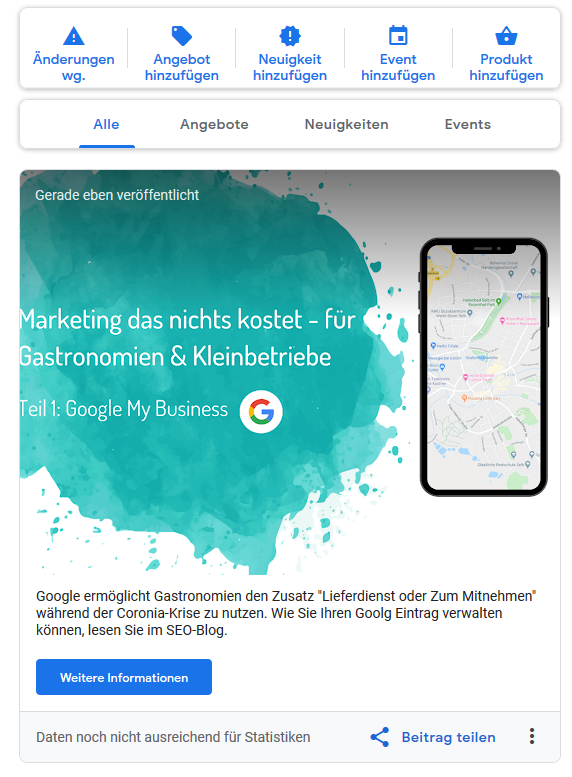Erstellter Beitrag in GMB Konto