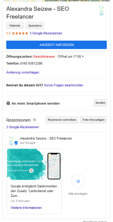 GMb Beitrag im Google Search Eintrag