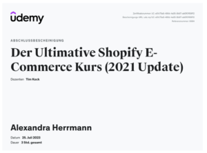 Udemy Shopify Kurs Nachweis