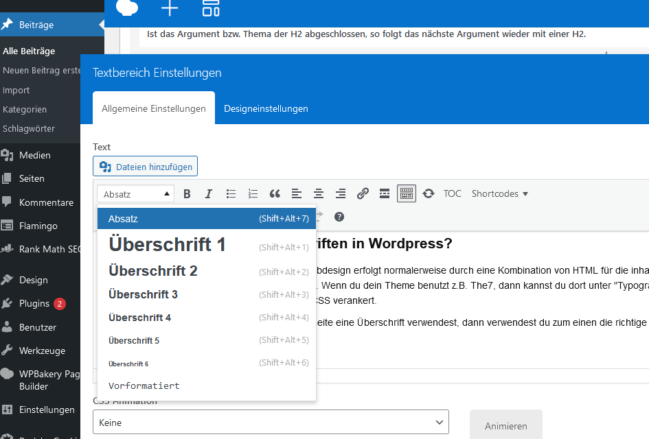 Überschriften in WordPress auswählen
